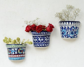 Wall Planter Set of 3 | Indoor & Outdoor Wall Decor | Blue Pottery Gift | Collectibles | High Quality Hand Printed Ceramic