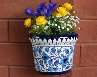 DOIY Vase Décoratif Lune Céramique Bleu & Blanc - Vase Fleurs Moderne Design Original 18x18 Cm