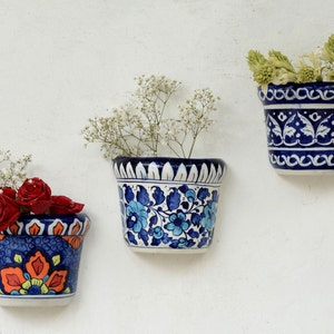Ceramic Wall Planter Set of 3 | Indoor & Outdoor Wall Decor | Blue Pottery Gift | Collectibles | High Quality Hand Printed Ceramic