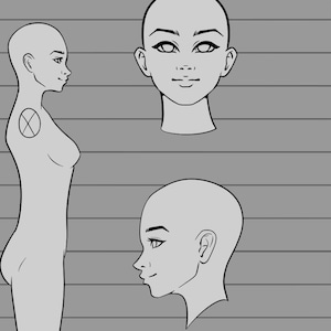 Könnte beinhalten: Graustufen-Illustration einer weiblichen Figur in verschiedenen Posen: Vorder-, Rück- und Seitenansicht. Das Bild enthält eine Nahaufnahme und ein Notizformular mit Farbfeldern unten. Die Figur ist mit sauberen Linien und neutralem Ausdruck gezeichnet.