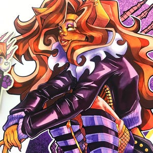 May include: A digital illustration of a cartoon character with orange hair, wearing a purple and black jacket, and a purple and white striped skirt. The character has a cat-like appearance with pointed ears and a long tail.