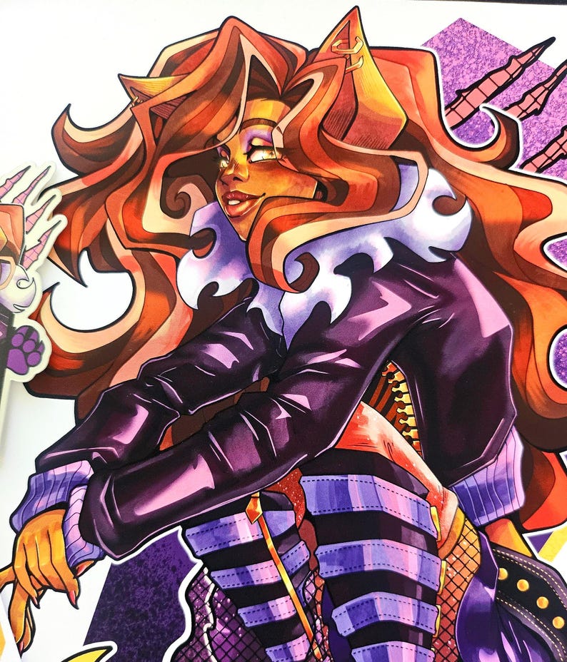 May include: A digital illustration of a cartoon character with orange hair, wearing a purple and black jacket, and a purple and white striped skirt. The character has a cat-like appearance with pointed ears and a long tail.