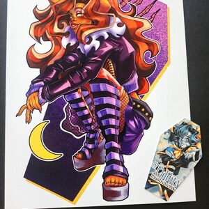May include: A purple and gold illustration of a cartoon character with orange hair, wearing a purple jacket, striped stockings, and platform shoes. The character is sitting on a purple and gold coffin with a crescent moon in the background. The image includes the text "Oddity Illustrations".