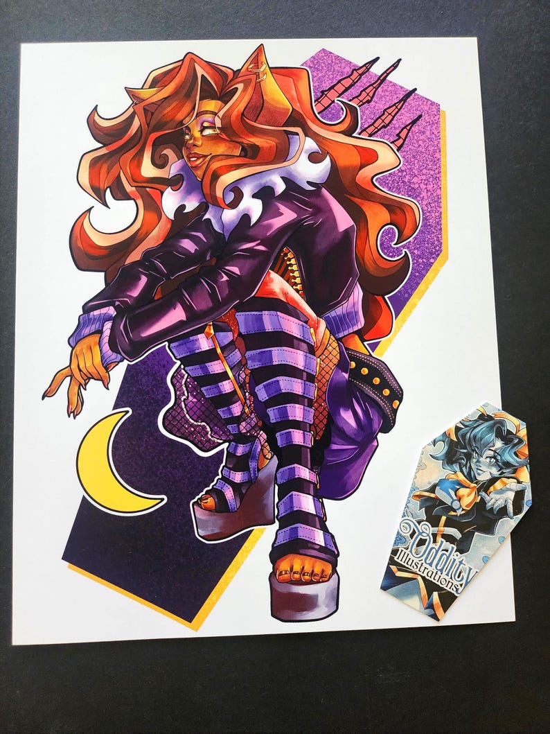 May include: A purple and gold illustration of a cartoon character with orange hair, wearing a purple jacket, striped stockings, and platform shoes. The character is sitting on a purple and gold coffin with a crescent moon in the background. The image includes the text "Oddity Illustrations".