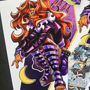 May include: A digital illustration of a woman with orange hair and purple and black clothing. She is sitting on a coffin with a crescent moon behind her. The background is a purple glitter pattern. The image is signed "Oddity Illustrations".