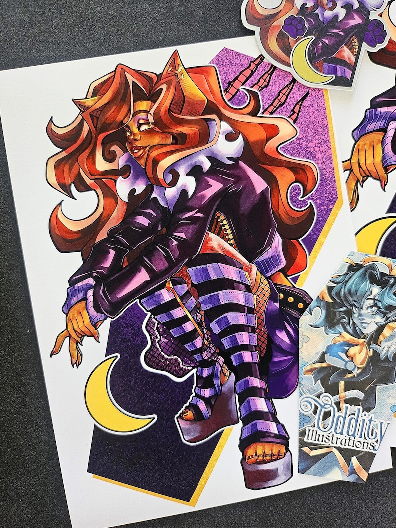 May include: A digital illustration of a woman with orange hair and purple and black clothing. She is sitting on a coffin with a crescent moon behind her. The background is a purple glitter pattern. The image is signed "Oddity Illustrations".