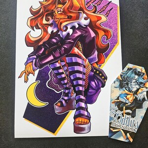 May include: A purple and black illustration of a cartoon character with orange hair wearing a purple jacket and striped pants. The character is sitting on a crescent moon with a gold outline. The background is a purple and gold glitter pattern. The image is signed "Oddity Illustrations".