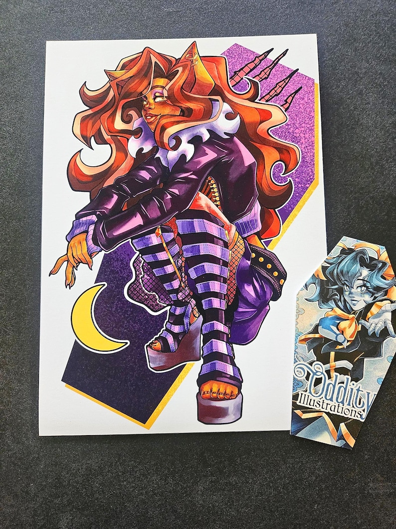 May include: A purple and black illustration of a cartoon character with orange hair wearing a purple jacket and striped pants. The character is sitting on a crescent moon with a gold outline. The background is a purple and gold glitter pattern. The image is signed "Oddity Illustrations".