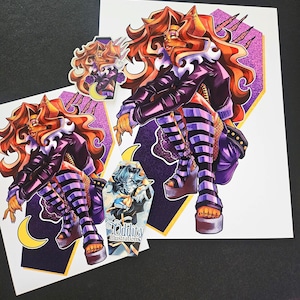 May include: A purple and gold coffin-shaped sticker with a cartoon illustration of a woman with orange hair wearing a purple jacket and striped stockings. The sticker has the text "Oddity Illustrations" at the bottom.