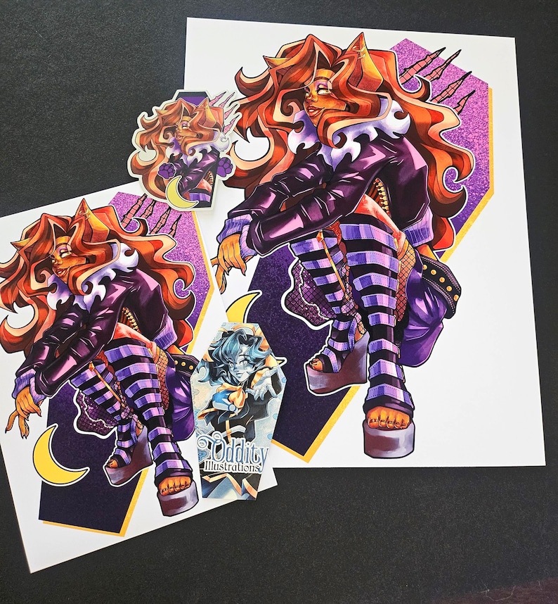 May include: A purple and gold coffin-shaped sticker with a cartoon illustration of a woman with orange hair wearing a purple jacket and striped stockings. The sticker has the text "Oddity Illustrations" at the bottom.