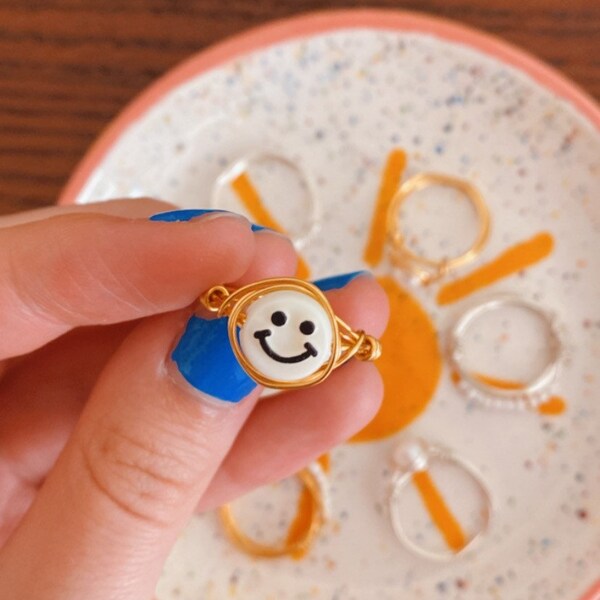 Smiley Face Wire Wrapped Ring - cute simple aesthetic summer ring for women