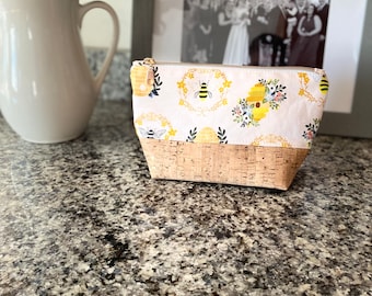 Bee and Floral Zipper Cosmetic Bag with Cork Bottom