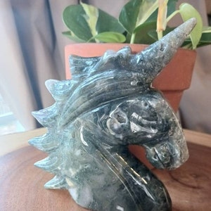 Large Moss Agate Unicorn Statue, FREE SHIPPING, Crystal Unicorn, Carved Crystal Unicorn with horn, Magic Horse Statue