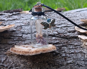 Monarch Butterfly Chrysalis and Flower necklace, bottle necklace with real Chrysalis, Nature pendant