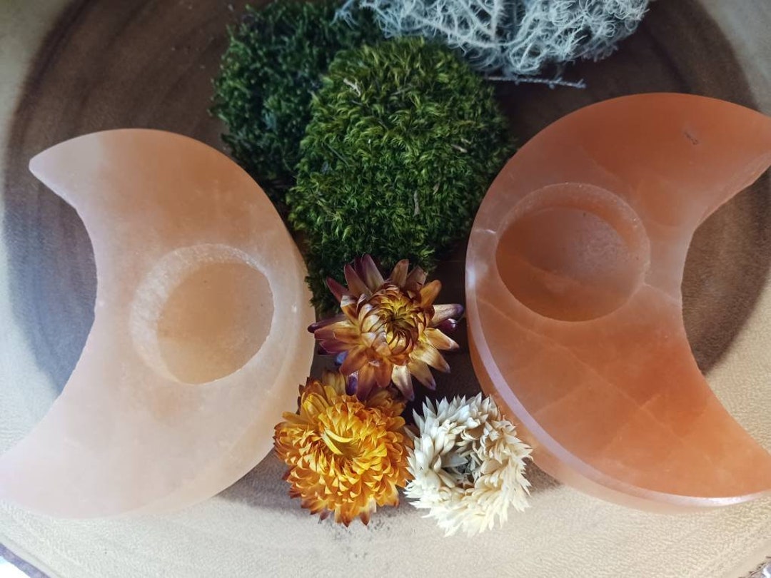 Orange Satin Spar, Selenite Crescent Moon Crystal Tealight Candle
