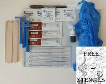 Hand Poke Tattoo Kit 30 Free Stencils + Guide Gloves/Pen/StencilPaper/Needles/Ink/Cups/Aftercare