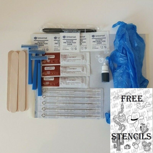 Hand Poke Tattoo Kit 30 Free Stencils + Guide Gloves/Pen/StencilPaper/Needles/Ink/Cups/Aftercare