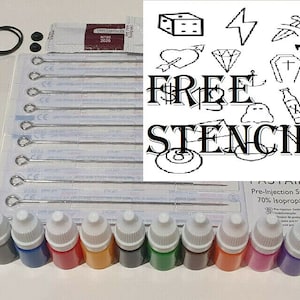 Colour Hand Poke Tattoo Set + 30 Free Stencils + Poke Tool + Guide Aftercare/Needles/Ink/Cups/CleaningPads