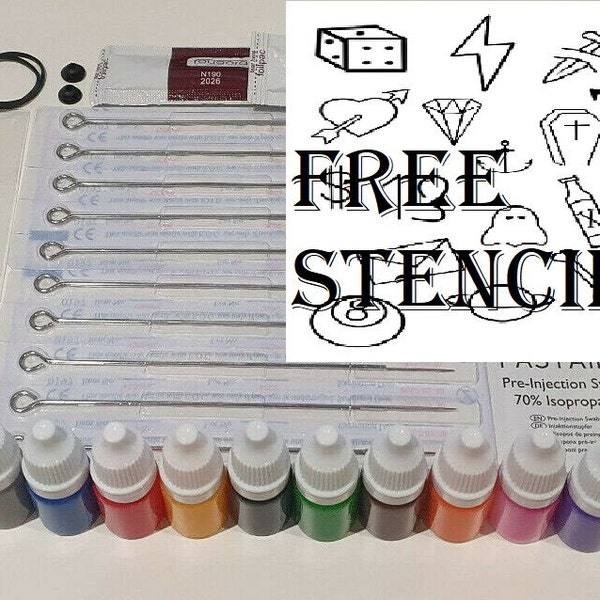 Colour Hand Poke Tattoo Set + 30 Free Stencils + Poke Tool + Guide Aftercare/Needles/Ink/Cups/CleaningPads