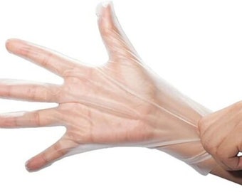 May include: A clear plastic disposable glove worn on a hand, showing the glove's flexibility and thinness.