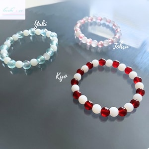 FB cat inspired zodiac bracelets. Red agate + frosted glass, blue or pink beads, & frosted glass yuki kyo tohru