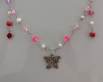 Handmade hypoallergenic butterfly aesthetic anime necklace - maximalist v knight manga inspired - pink and white link chain
