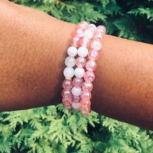 Pink Bracelet with Pink and White Beads - Cute and Whimsical  Accessory - Stretch Bracelets handmade jewelry
