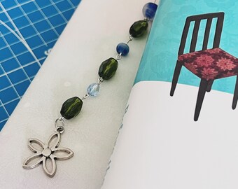 Green Spring Flower book hook - beaded hookmark with silver hook - handmade and sturdy