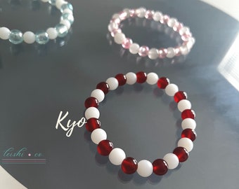 FB cat inspired zodiac bracelets. Red agate + frosted glass, blue or pink beads, & frosted glass yuki kyo tohru