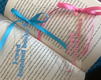 I read banned books - acrylic bookmark with hand tied coquette style bow for readers in pink, blue, or white