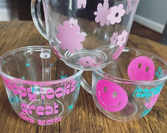 Large glass mugs - happy looks good on you - aesthetic coffee cups with sparkles, flowers, smiley faces -wide rim trendy mugs