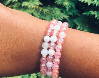 Pink Bracelet with Pink and White Beads - Cute and Whimsical  Accessory - Stretch Bracelets