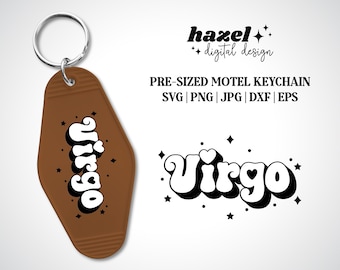 Groovy Virgo Svg, Pre-Sized Keychain Svg, Retro Motel Keychain Svg, Hotel Keychain Svg, Zodiac Svg, Star Svg, Sun Svg, Earth Sign Svg