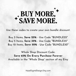 K&ouml;nnte beinhalten: Textgrafik mit den Worten "MEHR KAUFEN, MEHR SPAREN." und Anweisungen zum Erstellen eines B&uuml;ndelrabatts auf Etsy. Der Text enth&auml;lt Rabattcodes f&uuml;r den Kauf von 3, 5 oder 10 Artikeln. Die Grafik enth&auml;lt auch einen Shop-weiten Rabattcode f&uuml;r 65% Rabatt auf jeden Kauf f&uuml;r immer.