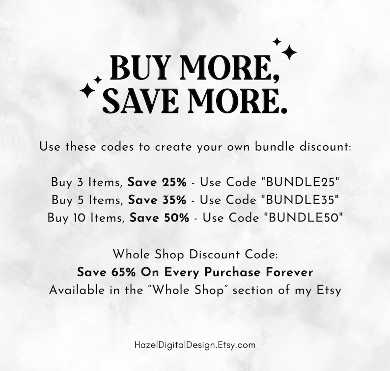 K&ouml;nnte beinhalten: Textgrafik mit den Worten "MEHR KAUFEN, MEHR SPAREN." und Anweisungen zum Erstellen eines B&uuml;ndelrabatts auf Etsy. Der Text enth&auml;lt Rabattcodes f&uuml;r den Kauf von 3, 5 oder 10 Artikeln. Die Grafik enth&auml;lt auch einen Shop-weiten Rabattcode f&uuml;r 65% Rabatt auf jeden Kauf f&uuml;r immer.
