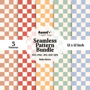 Könnte beinhalten: Fünf nahtlose Karomuster in Pfirsich, Rot, Gelb, Grün und Blau. Jedes Muster ist 30,48 cm x 30,48 cm groß. Der Text "hazel+ digital design" und "Seamless Pattern Bundle" wird in der Mitte des Bildes angezeigt. Der Text "SVG | PNG | JPG | DXF | EPS" und "Boho Retro" wird unter dem Titel angezeigt.