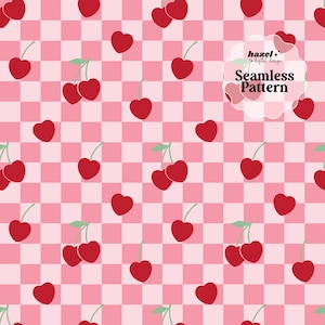 May include: A seamless pattern featuring red cherries with green stems on a pink and white checkered background. The cherries are arranged in a repeating pattern, with some cherries in a heart shape.