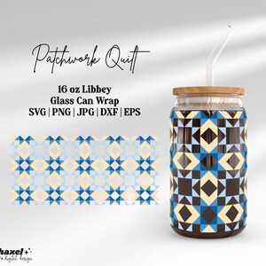 16-oz-Glasdosen-Etikette, Patchwork-Tassen-Etikette (SVG), rustikales Quiltmuster, Kaffeeglas, Libbey-Glasdosen-Etikette, Kaffeetassen-Schnittdatei, SVG-Etikette