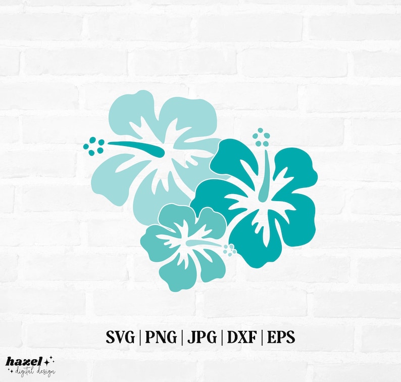 May include: Three teal blue hibiscus flowers with white centers. The flowers are arranged in a cluster, with the largest flower at the top and the smallest flower at the bottom.