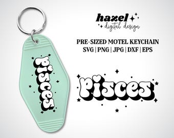 Groovy Pisces Svg, Pre-Sized Keychain Svg, Retro Motel Keychain Svg, Hotel Keychain Svg, Zodiac Svg, Star Svg, Sun Svg, Water Sign Svg