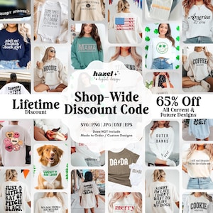 Whole Shop Discount Code, Whole Shop Bundle, Super Value Bundle, Lifetime Access, All Current & Future Designs, No Expiration Date, POD