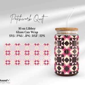 May include: A 16 oz Libbey glass can with a bamboo lid and clear glass straw, featuring a repeating geometric patchwork quilt pattern in shades of dark brown, magenta, and cream. The text reads Patchwork Quilt 16 oz Libbey Glass Can Wrap.