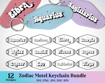 12 Groovy Zodiac Svg, Bundle Svg, Pre-Sized Keychain Svg, Retro Motel Keychain Svg, Hotel Keychain Svg, Star Sign Svg, Sun Sign Svg