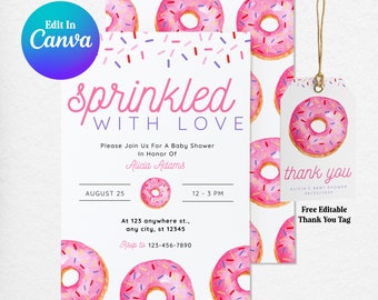 Baby Shower Invitation, Baby Sprinkle Invitation, Editable Canva Template, Donut Theme, Pink Watercolor Donuts, Printable Donut Invitation