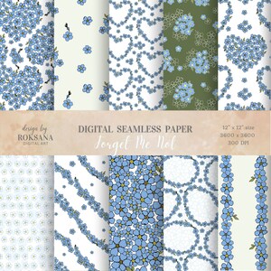 Forget me not blue flower digital paper, set of 12 seamless pattern for scrapbooking, card, paper craft, junk journals, collage