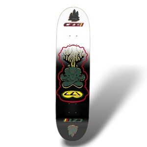 May include: A skateboard with a white top and a black bottom, featuring a green bear graphic in a yoga pose. The design includes a tree-like image above the bear and the text "CZTI".