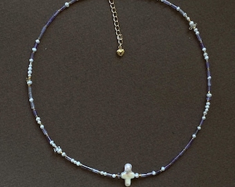 Amethyst & Pearl Cross Necklace