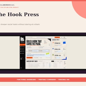 May include: The Hook Press interactive offline HTML product dashboard features a dark interface with white text. It includes sections for building social hooks, recommended formulas, and a campaign draft queue. The layout is organized with a sidebar menu, input fields, and a list of draft entries for content creation.