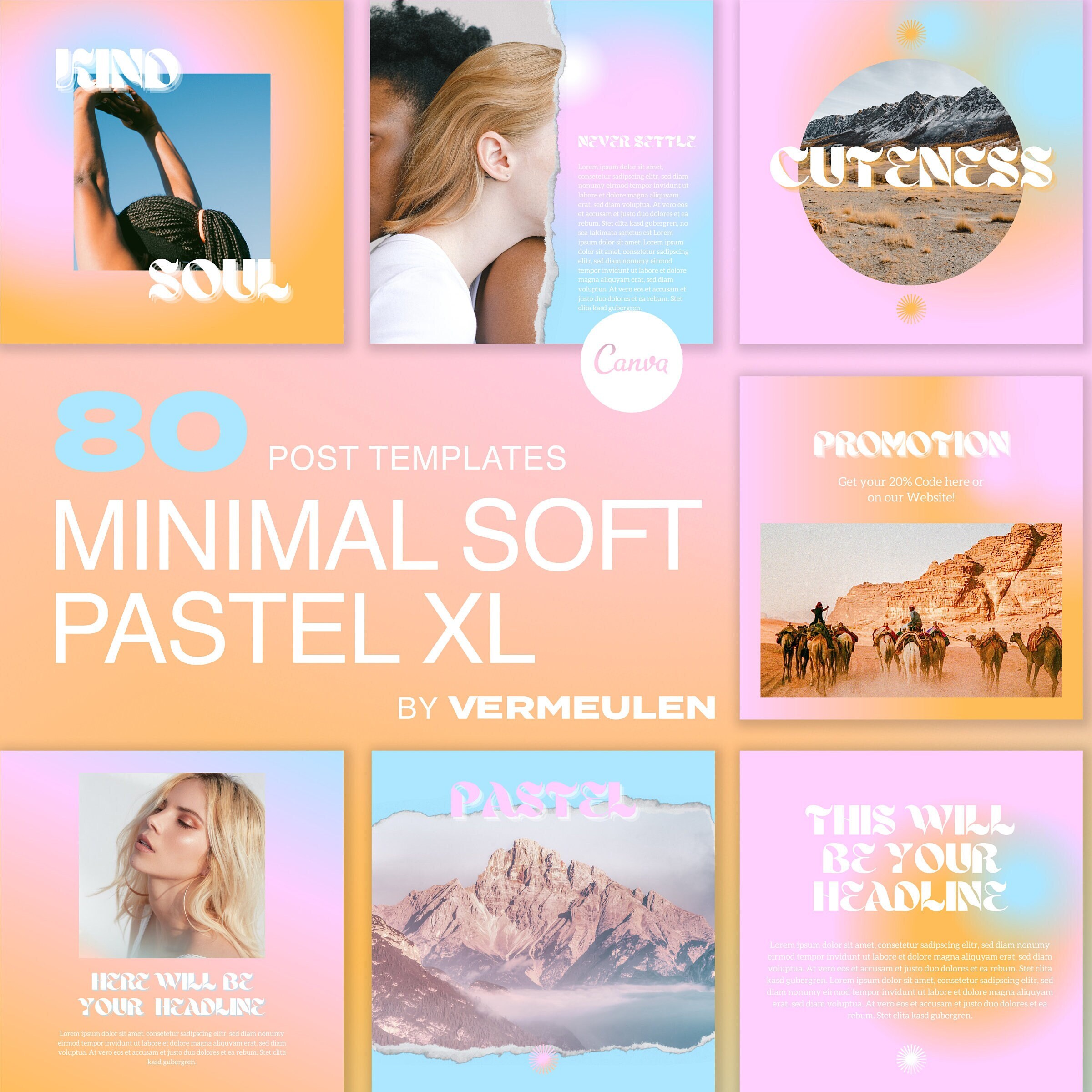 80 Instagram Post Template Bundle Canva MINIMAL PASTEL GRADIENT Cute ...