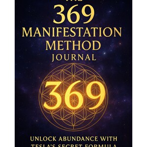 Puede incluir: Portada de diario con el título "THE 369 MANIFESTATION METHOD JOURNAL" en letras doradas. El número "369" se muestra de forma destacada en un círculo dorado con un diseño geométrico, sobre un fondo azul oscuro estrellado. El texto "UNLOCK ABUNDANCE WITH TESLA'S SECRET FORMULA" está en la parte inferior.